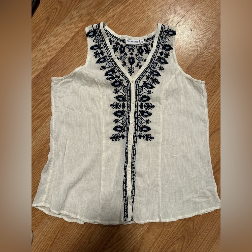 Large White Cotton sheer Button Up Blue Floral Embroidery Sleeveless Blouse